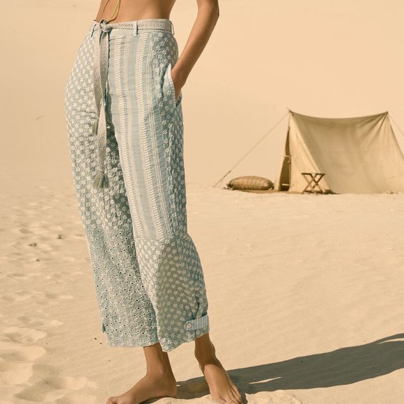 NWOT Zara Embroidered Pants Eyelet Patchwork Blue Seafoam Floral Gauze HiRise XS - Picture 2 of 13